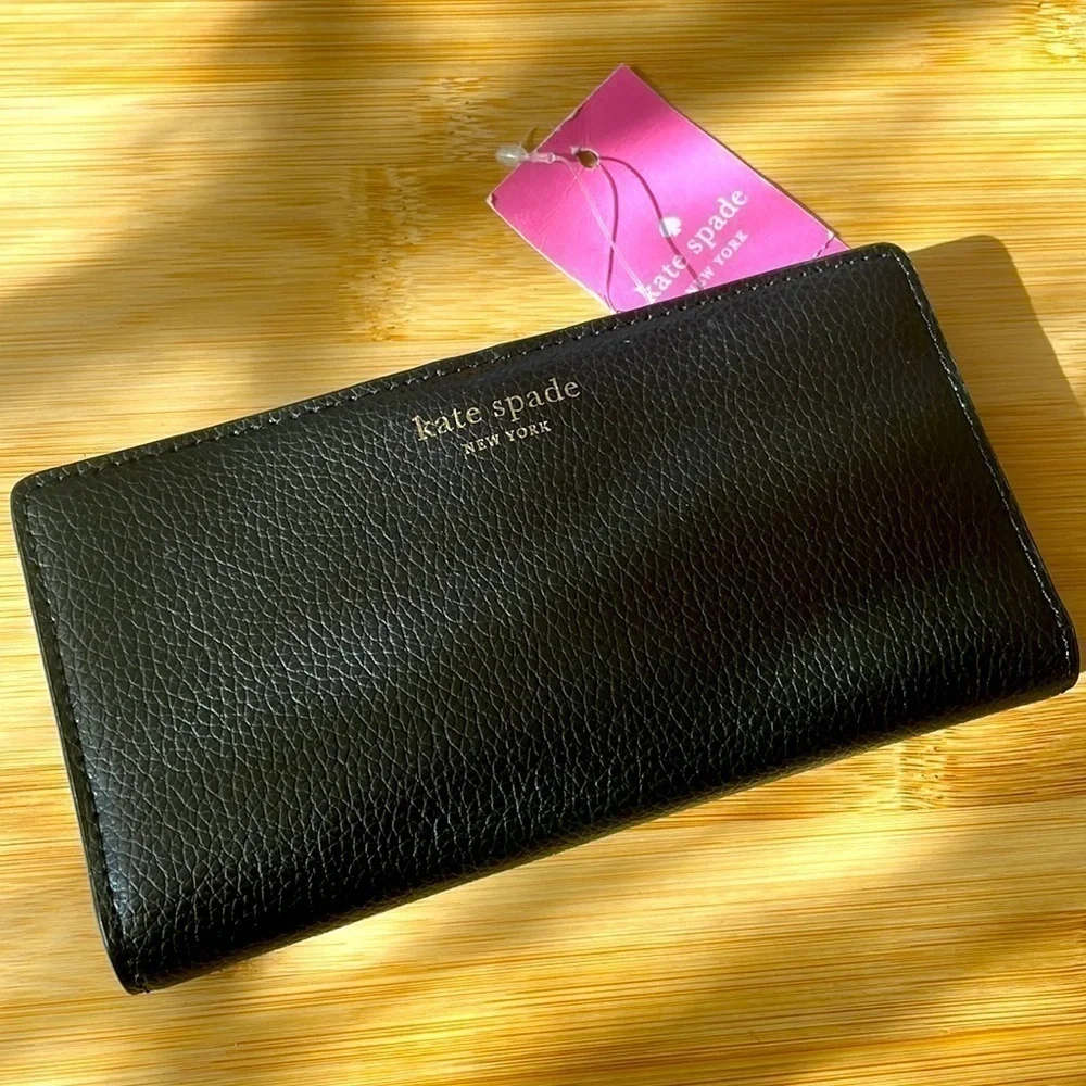 Brand New Kate Spade Genuine Leather Large Slim Bifold Black Wallet